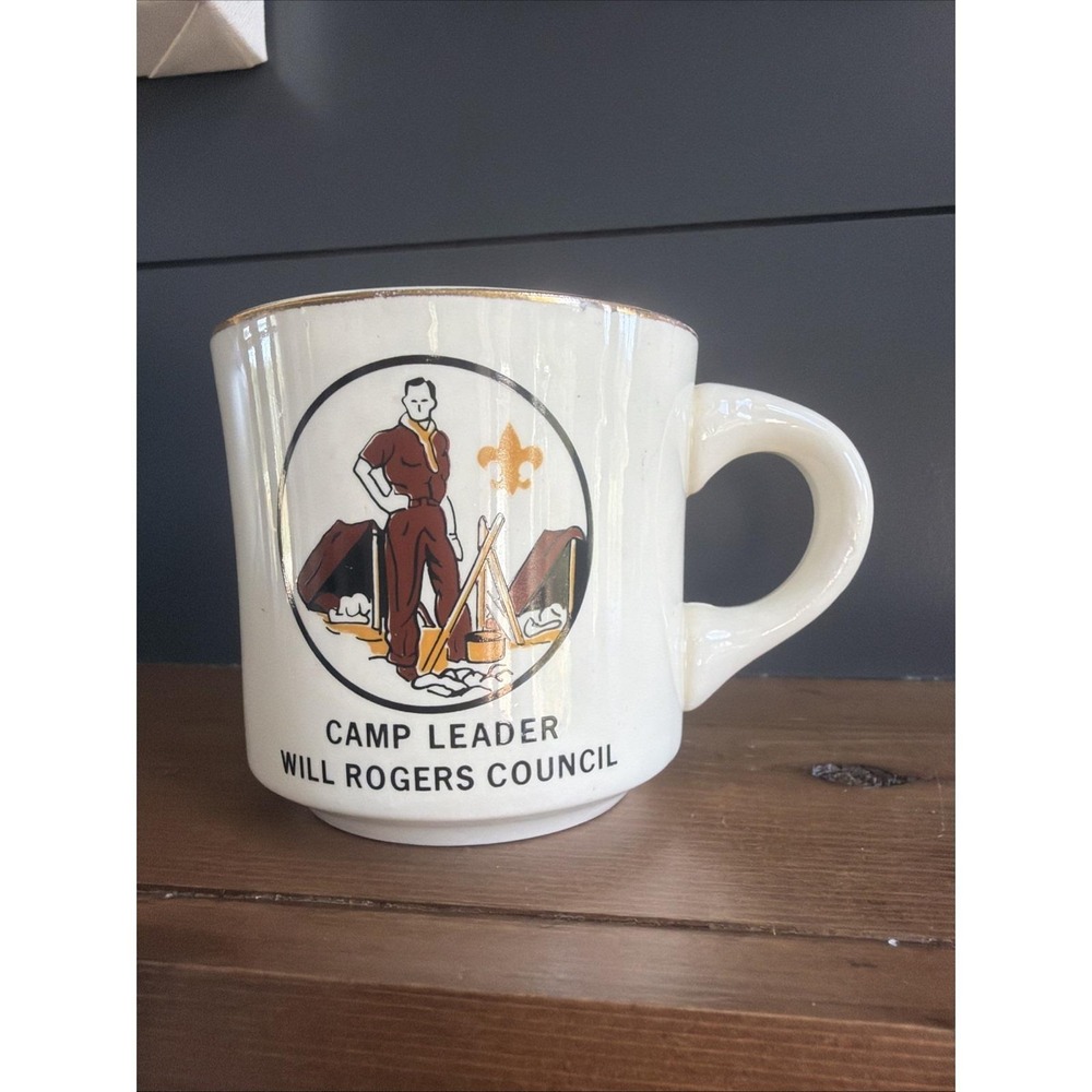 Vintage Boy Scout Ceramic Cup Mug Camp‎ Leader Will Rogers Council USA 1970s